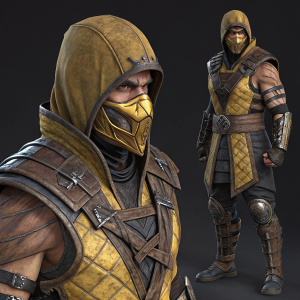 High-resolution 3D model of Scorpion from Mortal Kombat 11. Multiple angles showcasing intricate details.