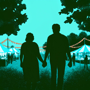 Ioan Gruffudd and Alice Evans at a bustling street fair. Both dressed in casual outfits. Holding hands.