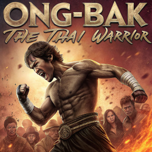 A promotional poster for 'Ong-Bak: The Thai Warrior'. A muscular Thai actor striking a powerful pose amidst a fiery background. Images of his various intense facial expressions are scattered around the poster.