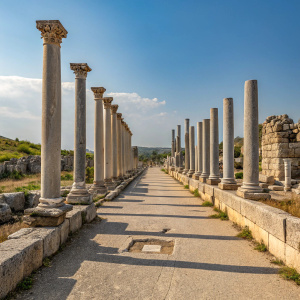 Ancient ruins of Perge in Antalya, Turkey. Stone columns standing tall, architectural marvels stretching into the horizon. A straight pathway leading towards the structures. Blue sky above, natural lighting enhancing the textures and colors.