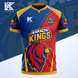 A digital artwork showcasing the Karachi Kings' team jersey design. Bright and dynamic, featuring bold colors like blue, red, and gold. A prominent bear mascot occupies the center. Modern and energetic, with graphic elements.