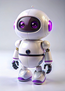 Imagina un robot 3D pequeño y moderno, con un diseño minimalista y limpio. Este robot tiene formas suaves y elegantes, con líneas nítidas y definidas. Su cuerpo principal es de color blanco, con detalles en un tono púrpura vibrante (#6F2C91) que resaltan sutilmente. El robot está administrando un servidor, con una notebook y cables de red.