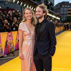 Hopper Penn and Uma Von Wittkamp at a glamorous film festival. They are standing on a vibrant yellow carpet, surrounded by flashing cameras and excited fans.