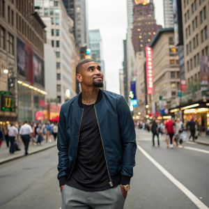 Kevin-Prince Boateng, soccer player, in a casual outfit. In the middle of a busy street. Background is urban, with cityscape and people