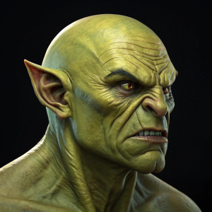 3D model of an orc. Greenish-yellow skin, broad flat nose, pointed ears, and deep lines on face. Aggressive expression. Black background, highlighting the unique features with strong lighting.