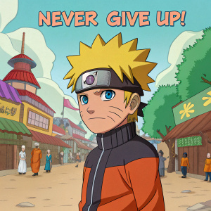 A vibrant digital painting of Naruto with a resolute expression. The background is a bustling, colorful ninja village. Above Naruto, in bold letters, the message 'NEVER GIVE UP!' is displayed.
