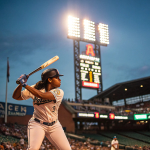 Yandy Díaz in an intense batting stance. Brightly lit baseball stadium with illuminated scoreboard and cheering fans in the background.