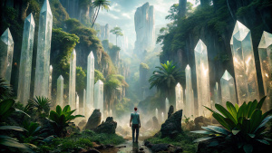 Editorial cinematic portrait, lone figure standing between crystal giants, jungle biome, detailed face, muted colors