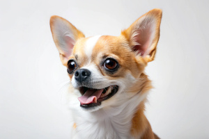 Собака чихуахуа улыбается стоит вид сбоку в профиль, белый фон