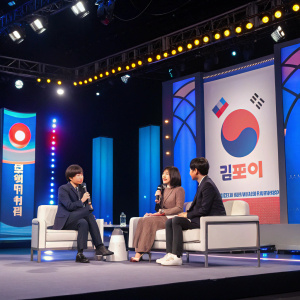 Lee Chun-Hee, Choi Soo-Young, and Lee Jong-Hyuk appearing on a talk show set. Brightly lit stage with logos visible