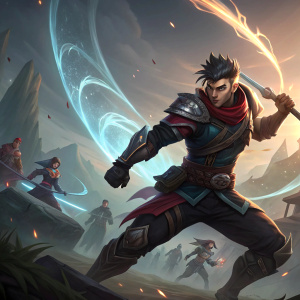 Male gamer character from League of Legends, mid-fight stance, digital art style background