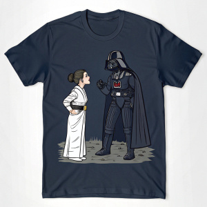 Funny meme featuring Leia and Darth Vader on a dark blue t-shirt. They are standing in a humorous pose.