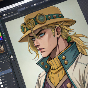 Illustration of Gyro Zeppeli from JoJo's Bizarre Adventure. Digital art with detailed tools and interface elements