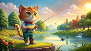 A cartoon cat with a fishing rod on the riverbank is fishing