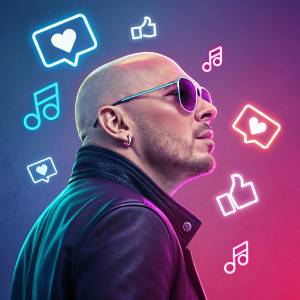 Pitbull's profile picture featuring a layered neon graphic with social media engagement icons.