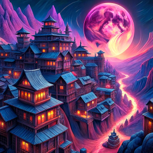 point of view angle, pink golden and silver moonlight, small mountain city, main road, apartment buildings, small shops