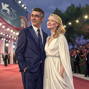 Danny Nucci and Terre Bridgham at the Venice Film Festival. Danny in a dark blue suit. Terre in a flowing white dress. Crowds and lights in background.