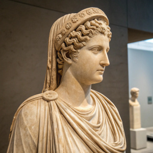 Ancient sculpture of Livia Drusilla, wife of Emperor Augustus. The marble statue stands solemnly in the Acropolis Museum. Her hair is intricately styled in tight curls, her expression serene and composed.