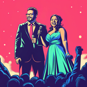 Danny Gokey and Leyicet Peralta, dressed formally, on a brightly lit stage. Surrounded by a cheering crowd.
