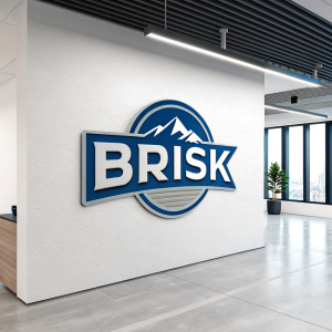 The Brisk logo is a modern design featuring a sleek, elongated shape with a blue band encircling the brand name in a clear sans-serif font. The logo is centered and dominates the space, exuding professionalism and modernity. The minimalist aesthetic and clean lines make it a contemporary masterpiece.