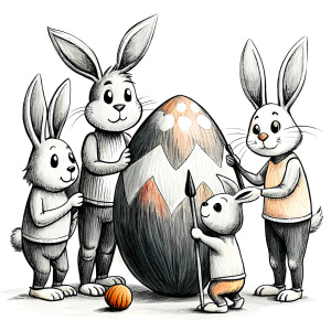 clean vector illustration for kids coloring, four cute funny Easter bunnies paint a huge Easter egg with a brush, one closed lines,  professionally detailed, black and white, white background