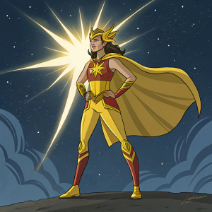 Darna, superheroine, standing confidently in a vibrant yellow and gold costume. She emits a radiant aura. Dark, starry night background.