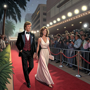 Richard Chamberlain and Rachel Ward at the Hollywood premiere of 'The Thorn Birds'. The red carpet bustling with fans and media.