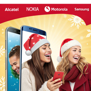Holiday smartphone deal ad featuring Alcatel, Nokia, Motorola, and Samsung models. Spanish text highlights discounts and offers. Brightly colored festive background.