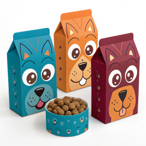 A colorful display of IAMS Dog Treat packaging featuring cartoon animal faces. The boxes are in bright blue, orange, and maroon colors, each box shaped like a different animal's face with snouts and eyes. The designs are whimsical and eye-catching.