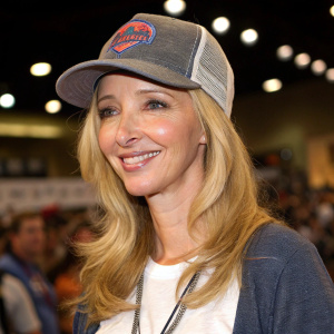 Close-up of Lisa Kudrow, American actress. Wearing a casual outfit, indoors. A blurry audience in the background.