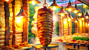 Ramadan Bazaar Stall with string light, hand stacked donner kebab meat being displayed on a vertical rotisserie,