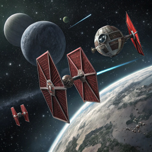 Concept art rendering of Star Wars. Futuristic TIE fighters in multiple colors including dark gray and deep red. Scene set against backdrop of space with stars and planets