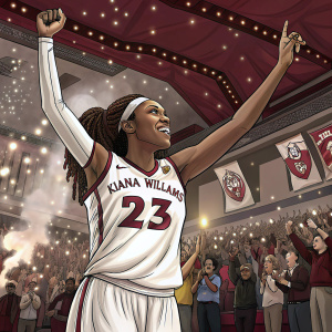 Kiana Williams, the valiant basketball player, dons a white jersey with maroon accents and the number 23, raising her arms in victory. Surrounded by an excited crowd at Maples Pavilion.