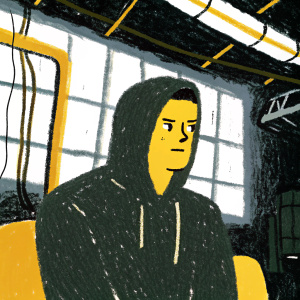 Rami Malek as Elliot Alderson in 'Mr. Robot'. Sitting in an industrial setting. Fluorescent lights above. Dark hoodie, focused expression.