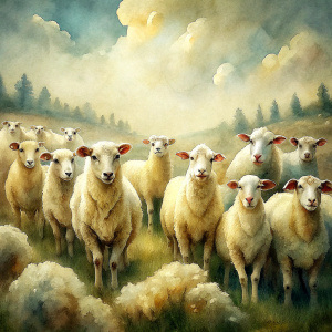 Vector Vintage Old, Watercolor Soft Colors, Landscape Flock of Lambs