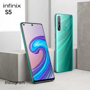 A promotional photo featuring Infinix brand products. The Infinix S5 smartphone with its eye-catching swirl design is the centerpiece. The smartphone is sleek and modern. The brand's logo and Instagram handle are prominently displayed. A minimalist, muted background.