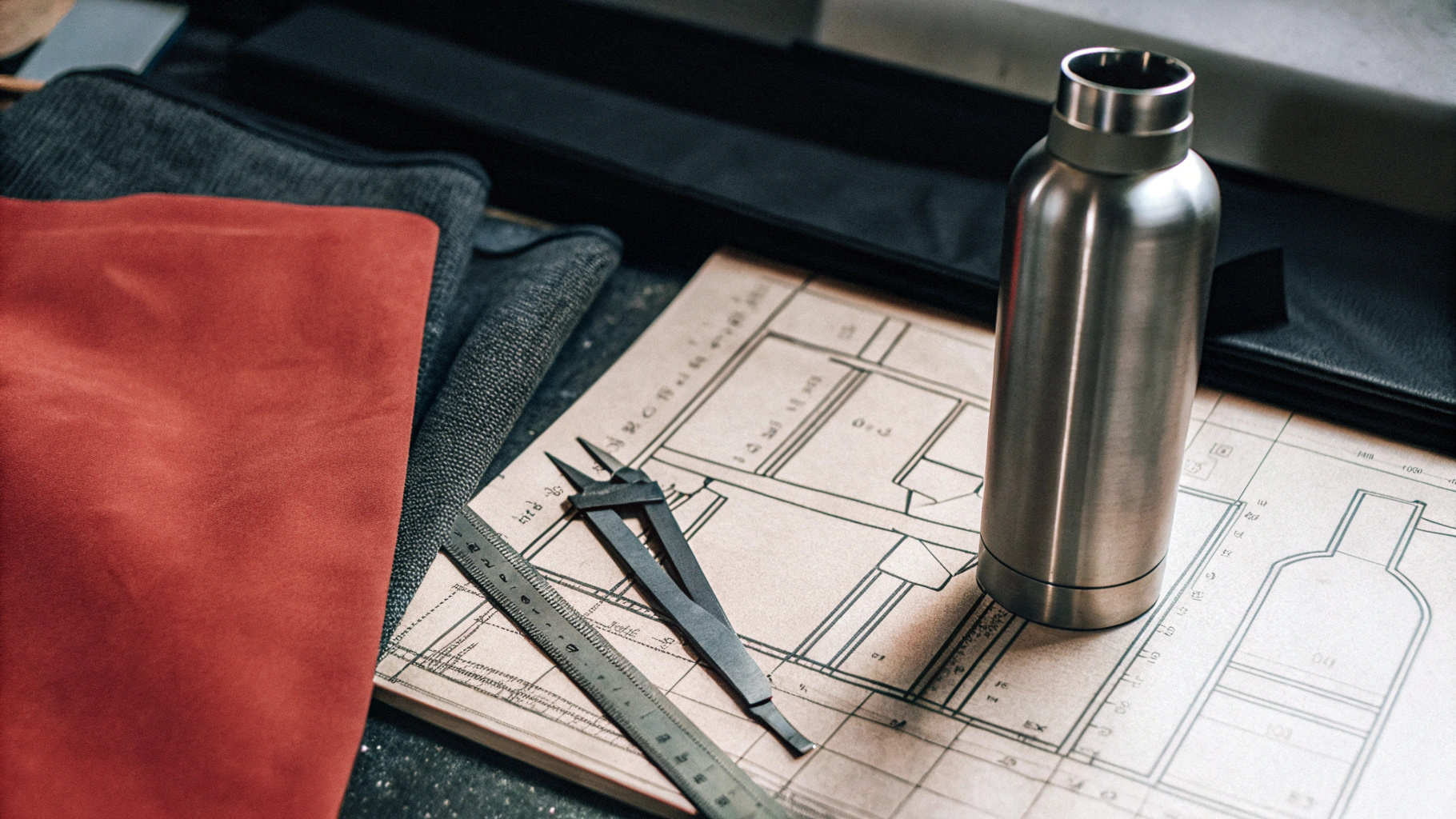  Designer's workspace with technical drawings, calipers, and a finished stainless steel water bottle next to a labeled specification sheet.