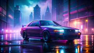 photorealistic picture of purple nissan skyline in night cyberpunk city, headlights of car light color is red, foggy landscape