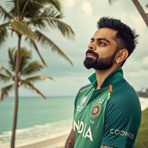 Virat Kohli, with a beard and dark hair, poses for a promotional shoot. He wears a green Indian jersey with sponsors' logos. The backdrop features a tropical beach with palm trees.
