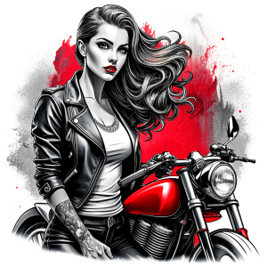 motorcycle bikergirl tattoo design - perfect realistic art - high-definition - grey and black - white background 