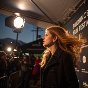 Anna Kendrick, with flowing blonde hair, attending the Sundance Film Festival. Spotlight background