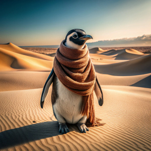 Pingüino arropado por una bufanda en mitad del desierto hace mucha calor