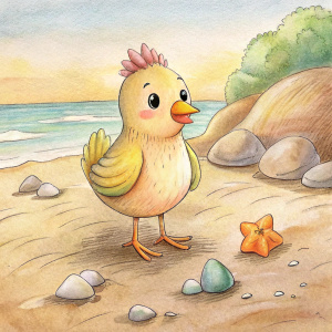 little smiling chicken finding seashells at the beach