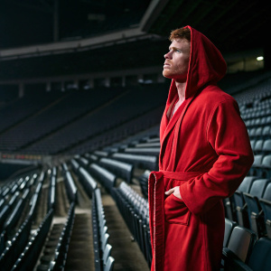 Canelo Alvarez in a serious pose, dressed in a boxing robe. Empty stadium background