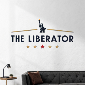 Illustration showcasing 'The Liberator' brand logo. The design features a sleek, bold font in black with a simple graphic element representing liberation from conventional thinking.