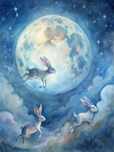 Bunnies jump across the moon, painting it with their light brushes. With each brush stroke, the moon shines brighter and brighter, illuminating the sky and creating magical shadows."