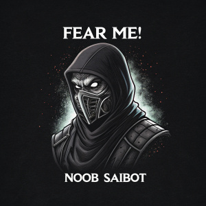 A dark and intense digital artwork featuring 'Noob Saibot' from Mortal Kombat. The face displays fierce anger, with bold text 'Fear Me!' at the top. The background is pitch black, with stark white detailing
