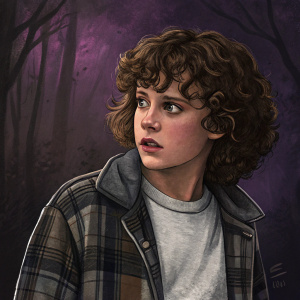 Digital painting of Eleven from Stranger Things. Curly brown hair, intense gaze. Wearing plaid jacket over a grey t-shirt. Dark background with purple hues. Rough texture.
