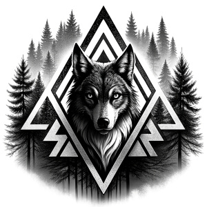 valknut runes pattern geometric symbols - wolf and trees - tattoo design - perfect realistic art - high-definition - grey and black - white background 