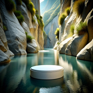 SIMPLE empty stage single level for product display for beauty product display set in nature WATER AND rocks